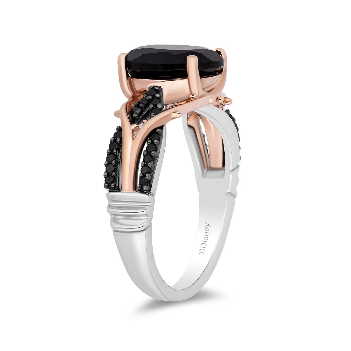 Enchanted Disney Maleficent Onyx & 1/6 ct. tw. Treated Black Diamond Thorn Ring with Black Rhodium Plating in close-up detail