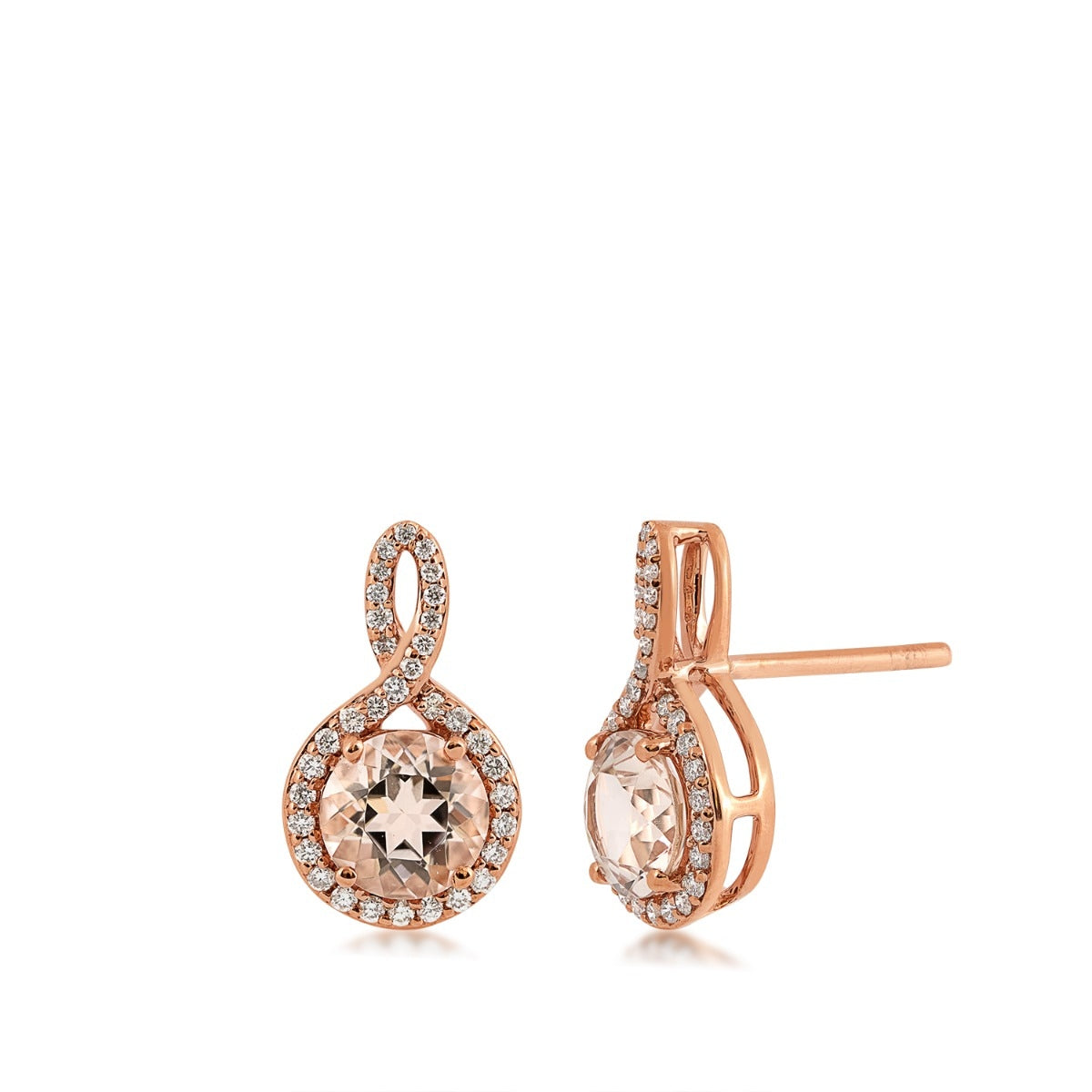 Round Morganite & 1/4 ct. tw. Diamond Halo Twist Earrings in 14K Pink Gold (2)