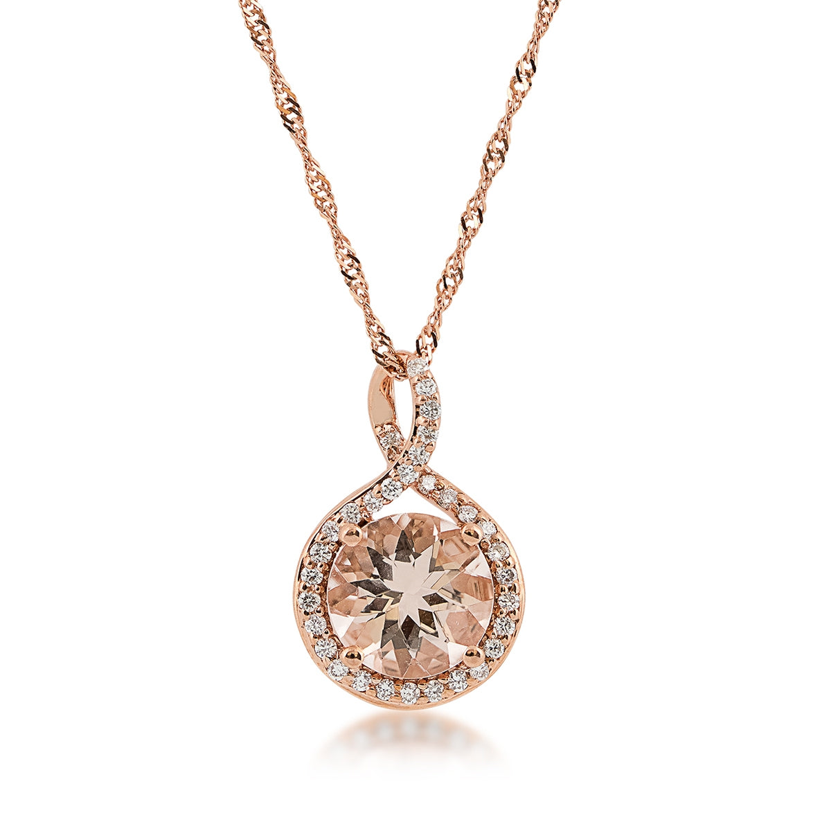 Round Morganite & 1/10 ct. tw. Diamond Halo Twist Pendant in 14K Pink Gold