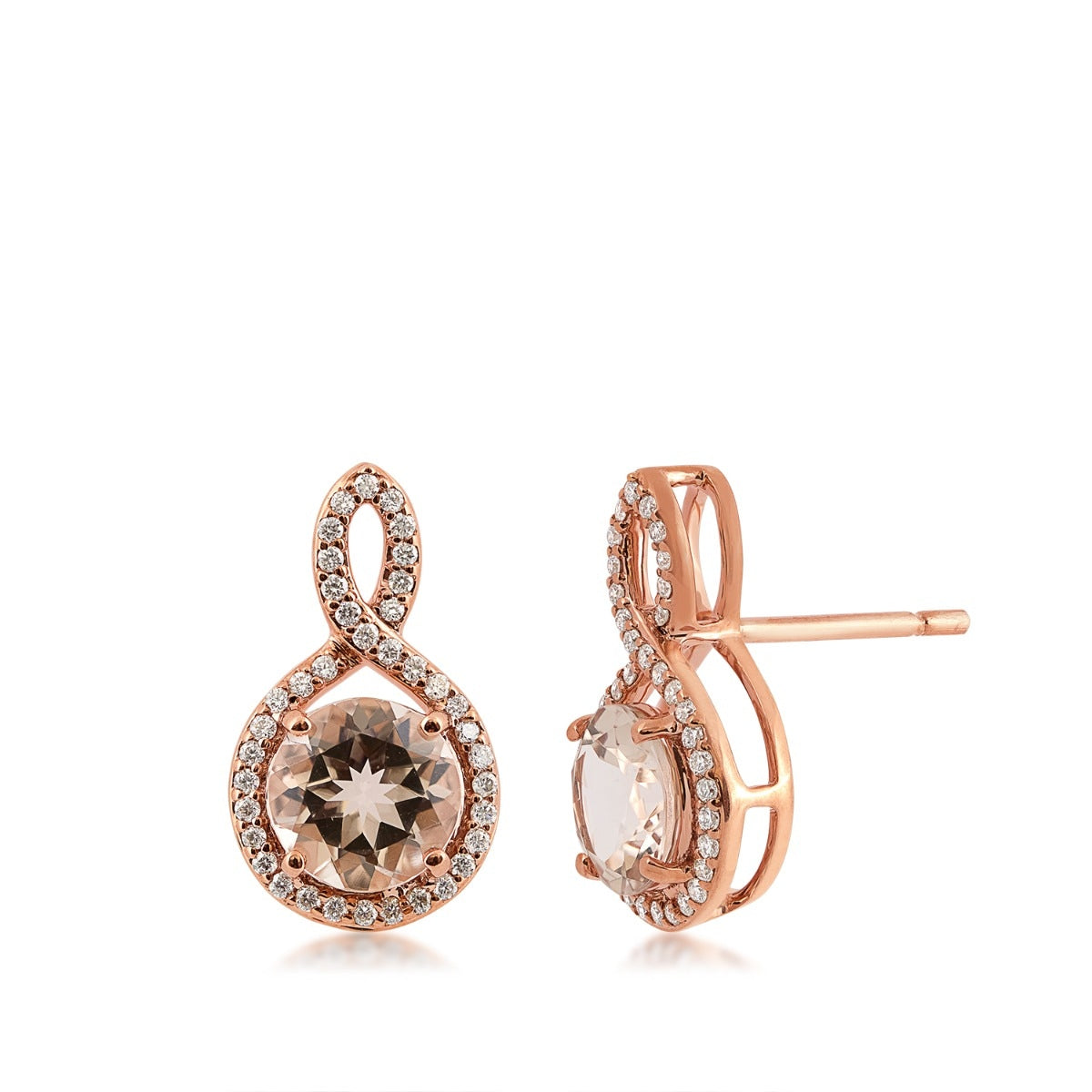 Round Morganite & 1/4 ct. tw. Diamond Halo Twist Earrings in 14K Pink Gold