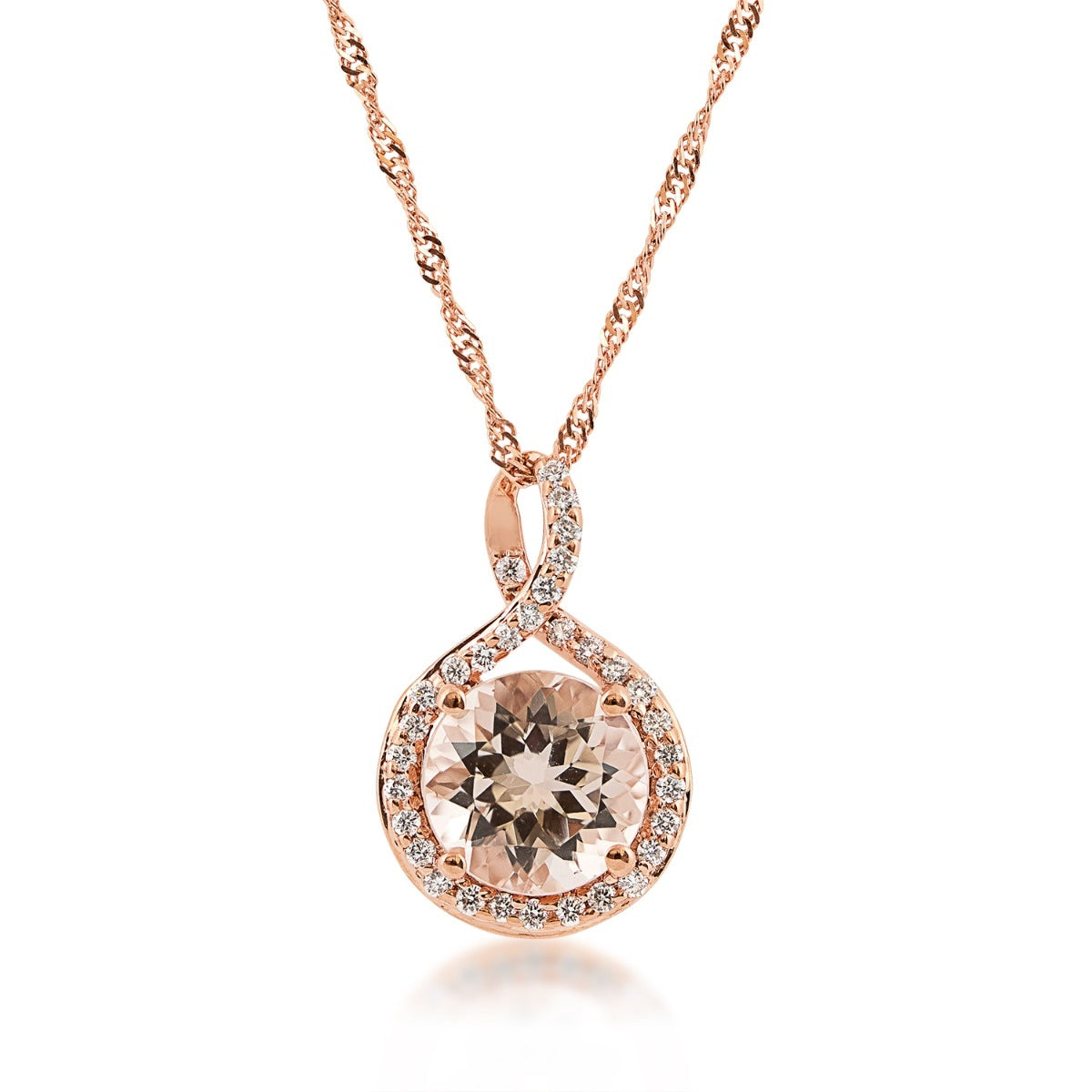 Round Morganite & 1/10 ct. tw. Diamond Halo Twist Pendant in 14K Pink Gold (2)