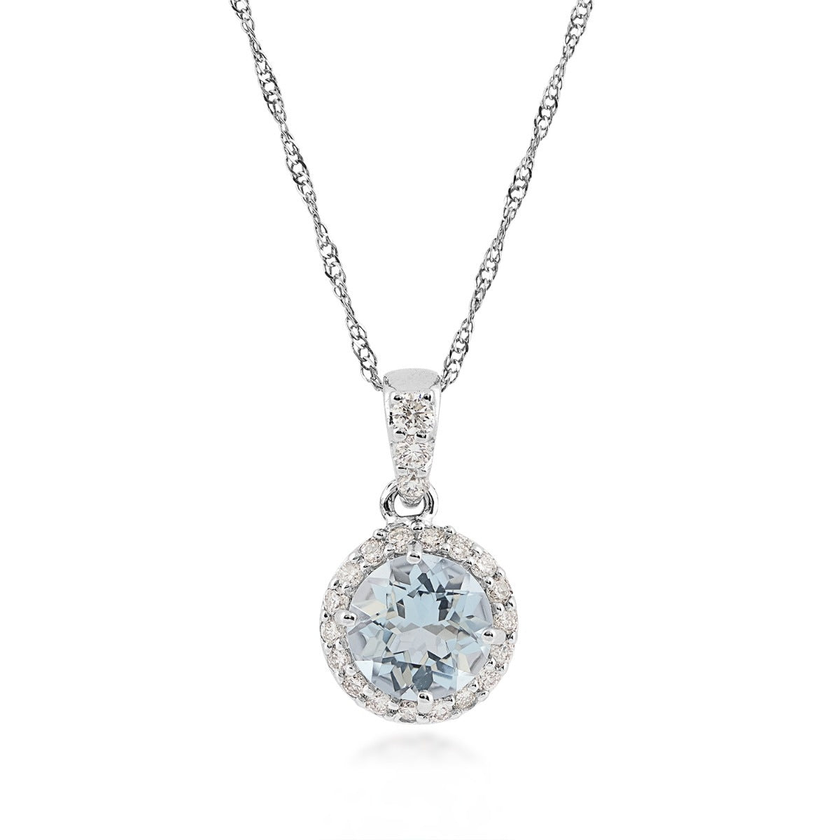 Round Aquamarine & 1/7 ct. tw. Diamond Halo Pendant in 14K White Gold
