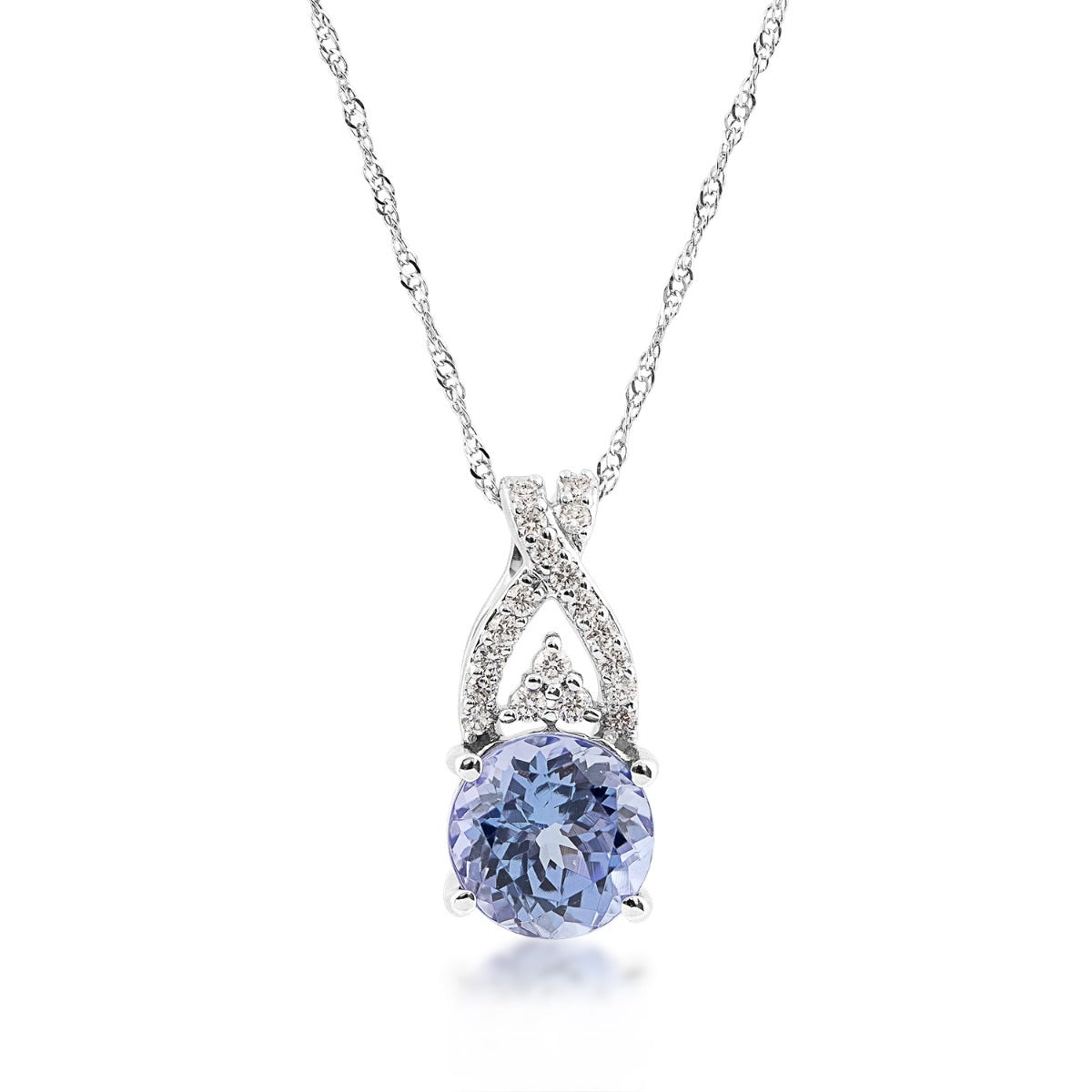 Round Tanzanite & 1/10 ct. tw. Diamond Twist Pendant in 14K White Gold