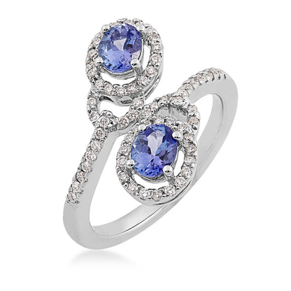 2-Stone Oval Tanzanite & 1/3 ct. tw. Diamond Floating Halo Bypass Ring in 14K White Gold front view