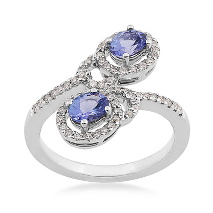 2-Stone Oval Tanzanite & 1/3 ct. tw. Diamond Floating Halo Bypass Ring in 14K White Gold