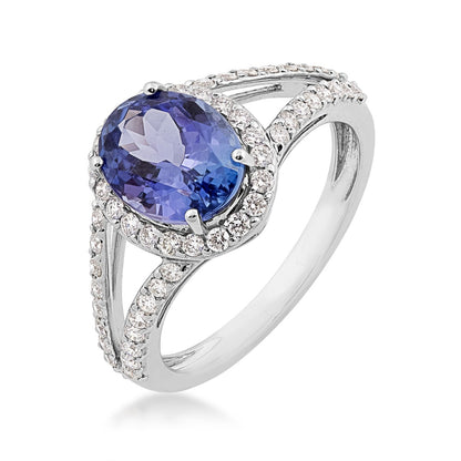 Oval Tanzanite & 3/8 ct. tw. Diamond Halo Split Shank Ring in 14K White Gold front view