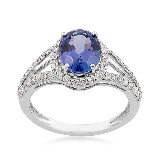 Oval Tanzanite & 3/8 ct. tw. Diamond Halo Split Shank Ring in 14K White Gold (2)