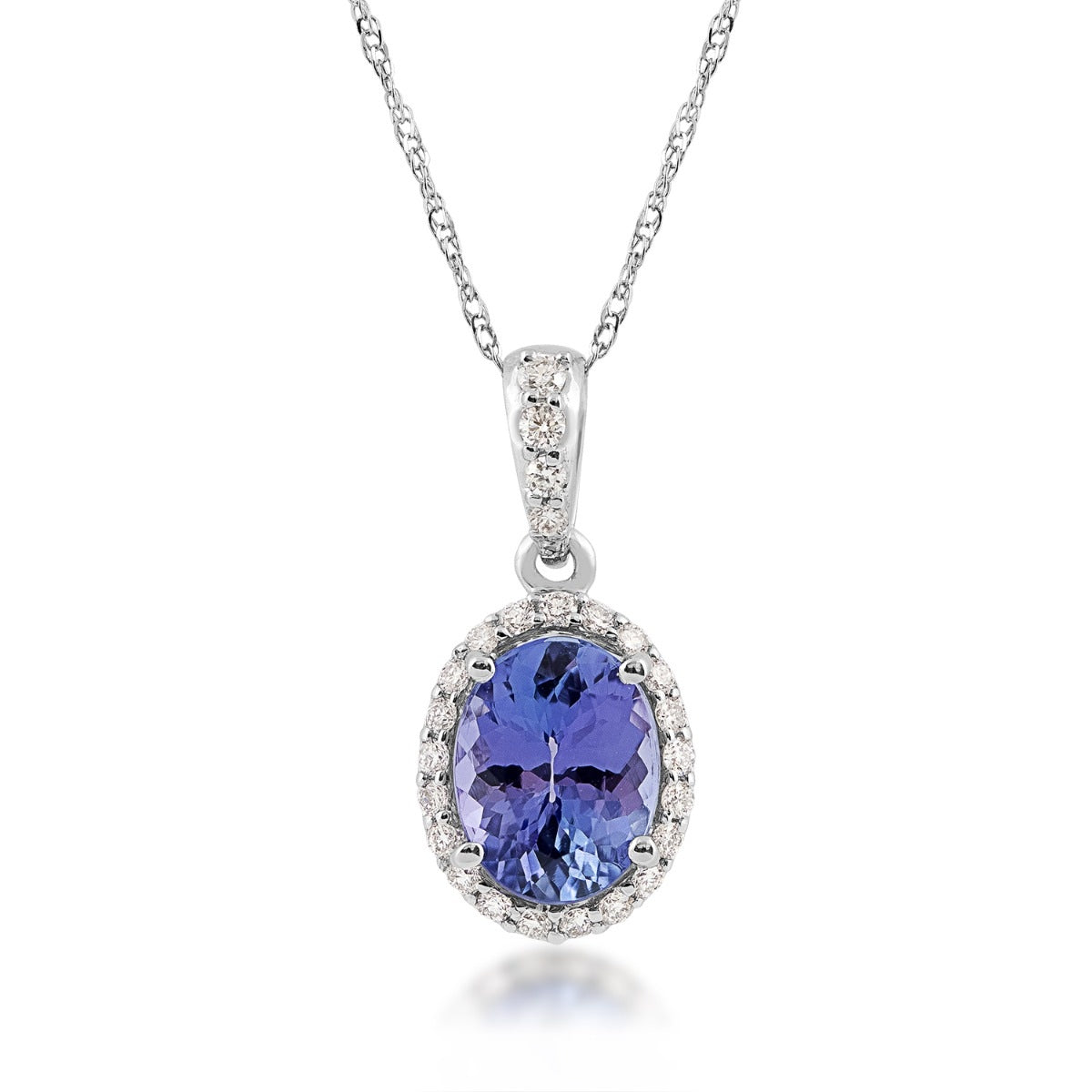 Oval Tanzanite & 1/6 ct. tw. Diamond Halo Pendant in 14K White Gold