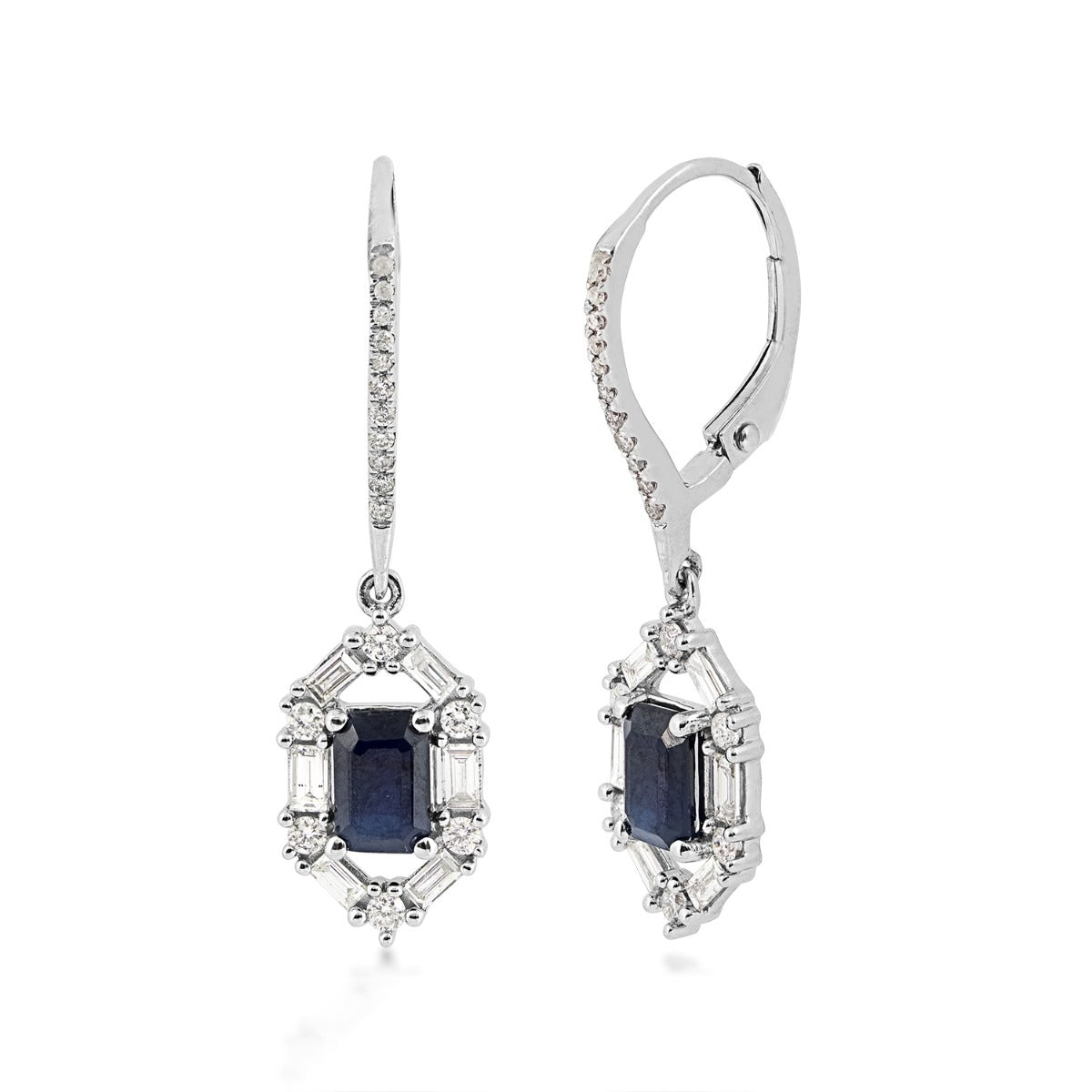 Emerald Cut Sapphire & 5/8 ct. tw. Baguette & Round Diamond Drop Earrings in 14K White Gold