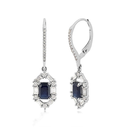 Emerald Cut Sapphire & 5/8 ct. tw. Baguette & Round Diamond Drop Earrings in 14K White Gold