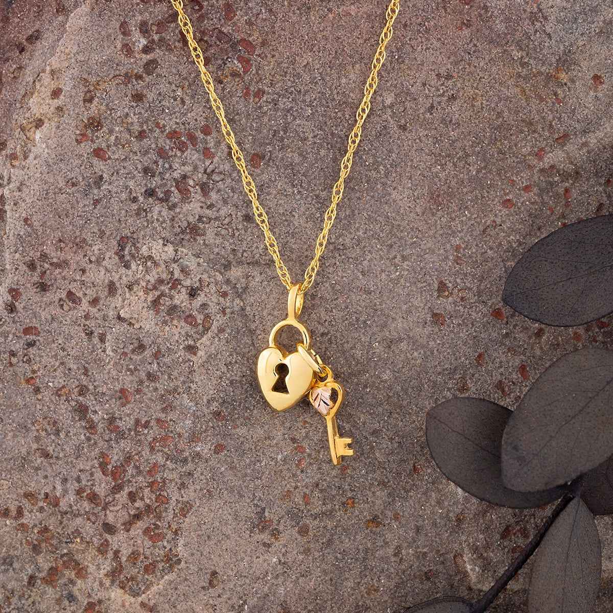 Black Hills Gold Heart Lock & Key Pendant in 10K Yellow Gold front view