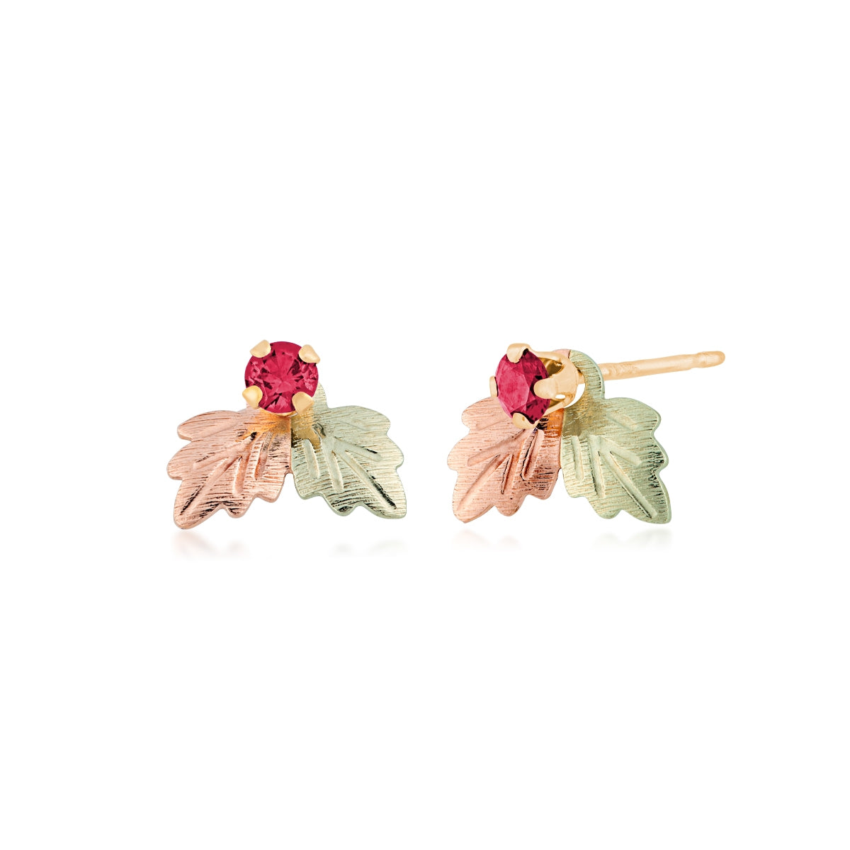 Black Hills Gold Synthetic Round Garnet Stud & Double Leaf Earring Jackets in 10K Yellow Gold