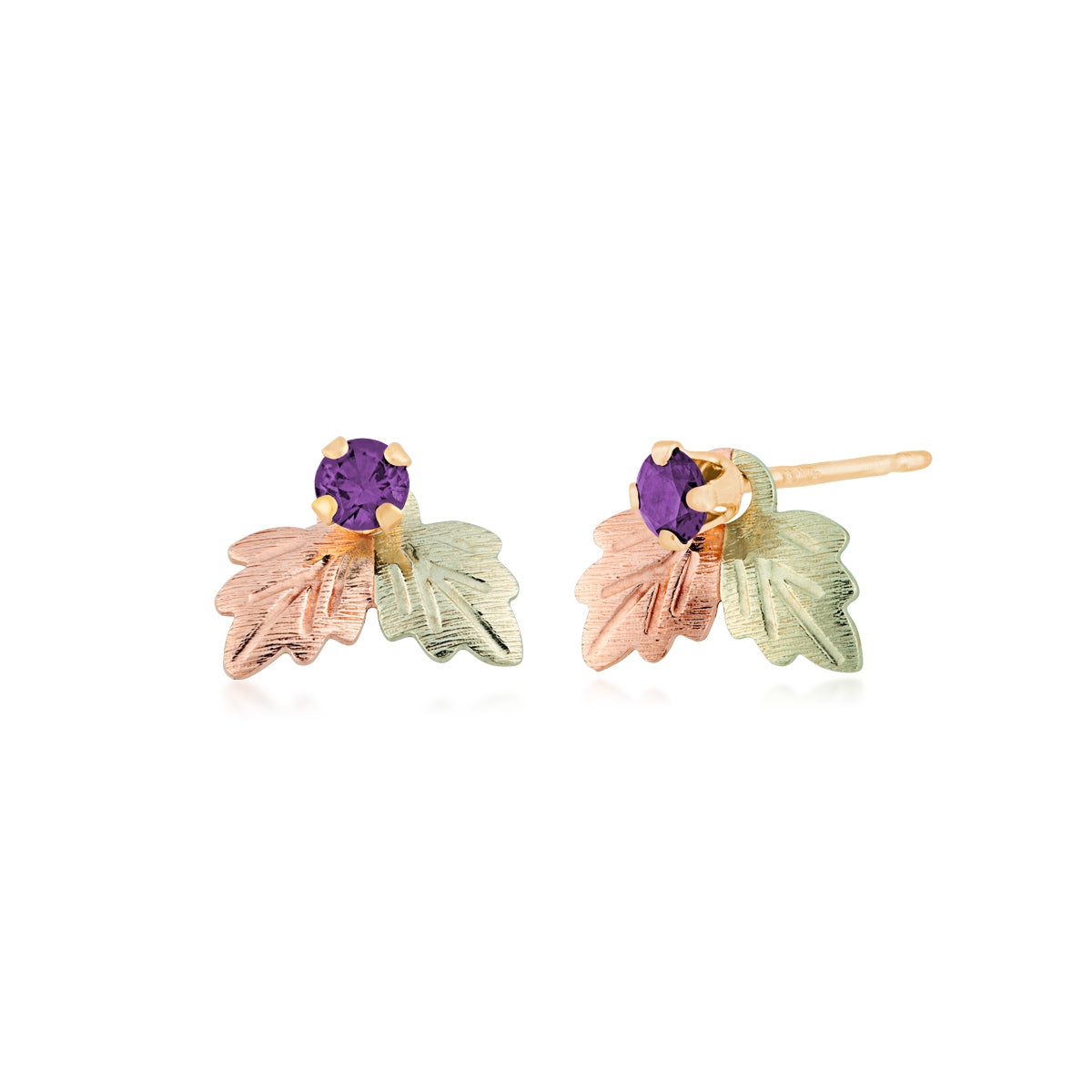 Black Hills Gold Synthetic Round Amethyst Stud & Double Leaf Earring Jackets in 10K Yellow Gold