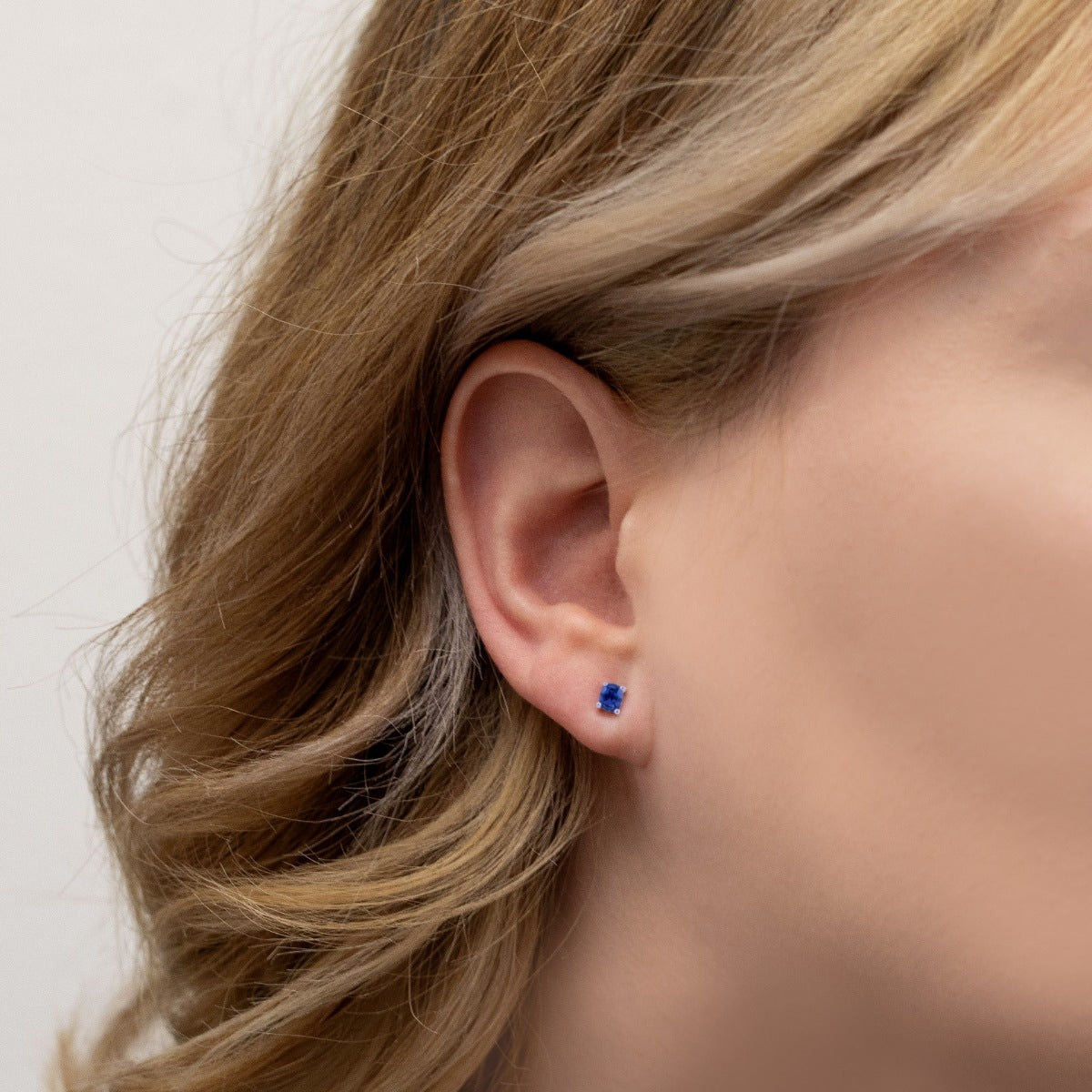 Cushion Yogo Sapphire Earrings in 10K White Gold front view