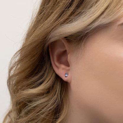Emerald Cut Yogo Sapphire Earrings in 10K White Gold front view