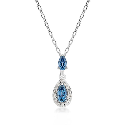 Pear Yogo Sapphire & Diamond Halo Drop Pendant in 10K White Gold