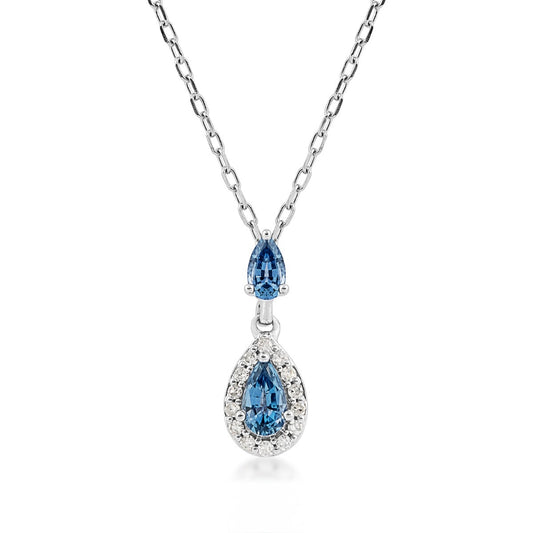 Pear Yogo Sapphire & Diamond Halo Drop Pendant in 10K White Gold