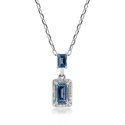 Baguette Yogo Sapphire & Diamond Halo Drop Pendant in 10K White Gold