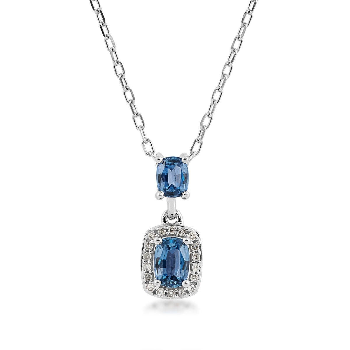 Cushion Yogo Sapphire & Diamond Halo Drop Pendant in 10K White Gold