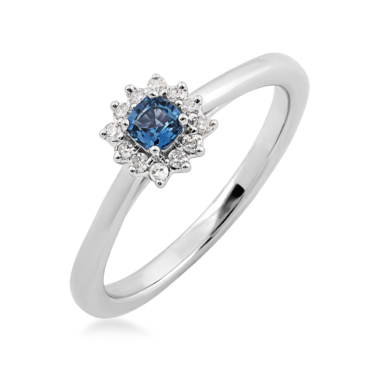 Cushion Yogo Sapphire & 1/8 ct. tw. Diamond Halo Ring in 10K White Gold front view