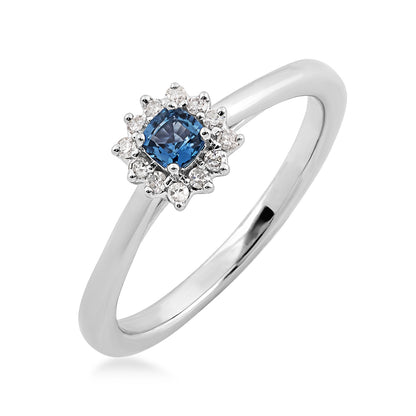 Cushion Yogo Sapphire & 1/8 ct. tw. Diamond Halo Ring in 10K White Gold front view