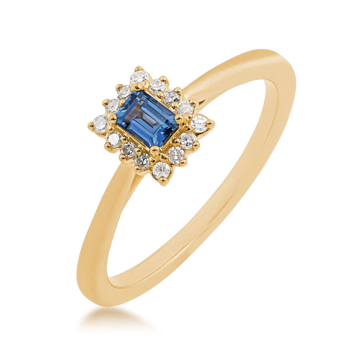 Baguette Yogo Sapphire & Diamond Accent Halo Ring in 10K Yellow Gold front view