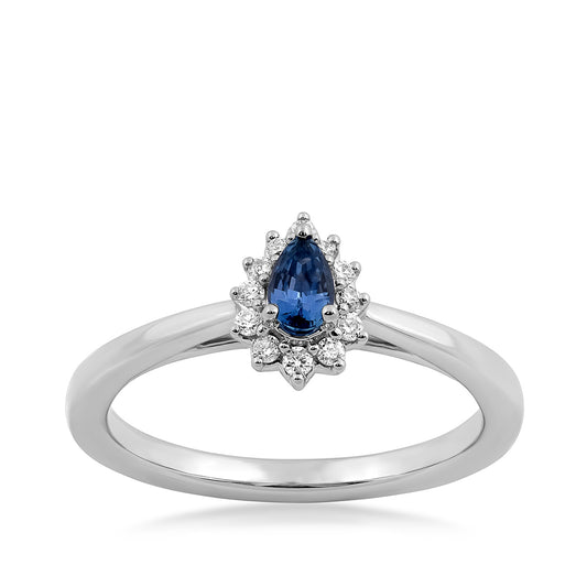 Pear Yogo Sapphire & 1/10 ct. tw. Diamond Halo Ring in 10K White Gold