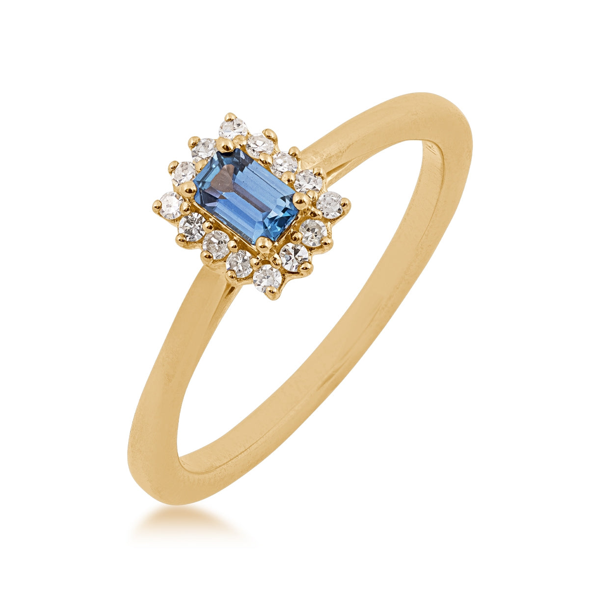 Emerald Cut Yogo Sapphire & 1/10 ct. tw. Diamond Halo Ring in 10K Yellow Gold front view