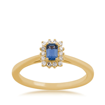 Emerald Cut Yogo Sapphire & 1/10 ct. tw. Diamond Halo Ring in 10K Yellow Gold