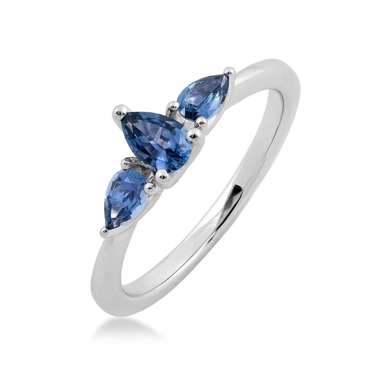 3-Stone Pear Yogo Sapphire Ring in 10K White Gold front view