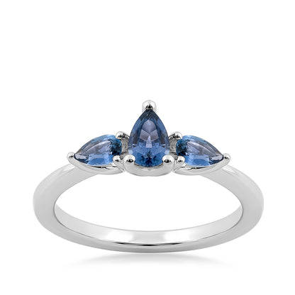 3-Stone Pear Yogo Sapphire Ring in 10K White Gold
