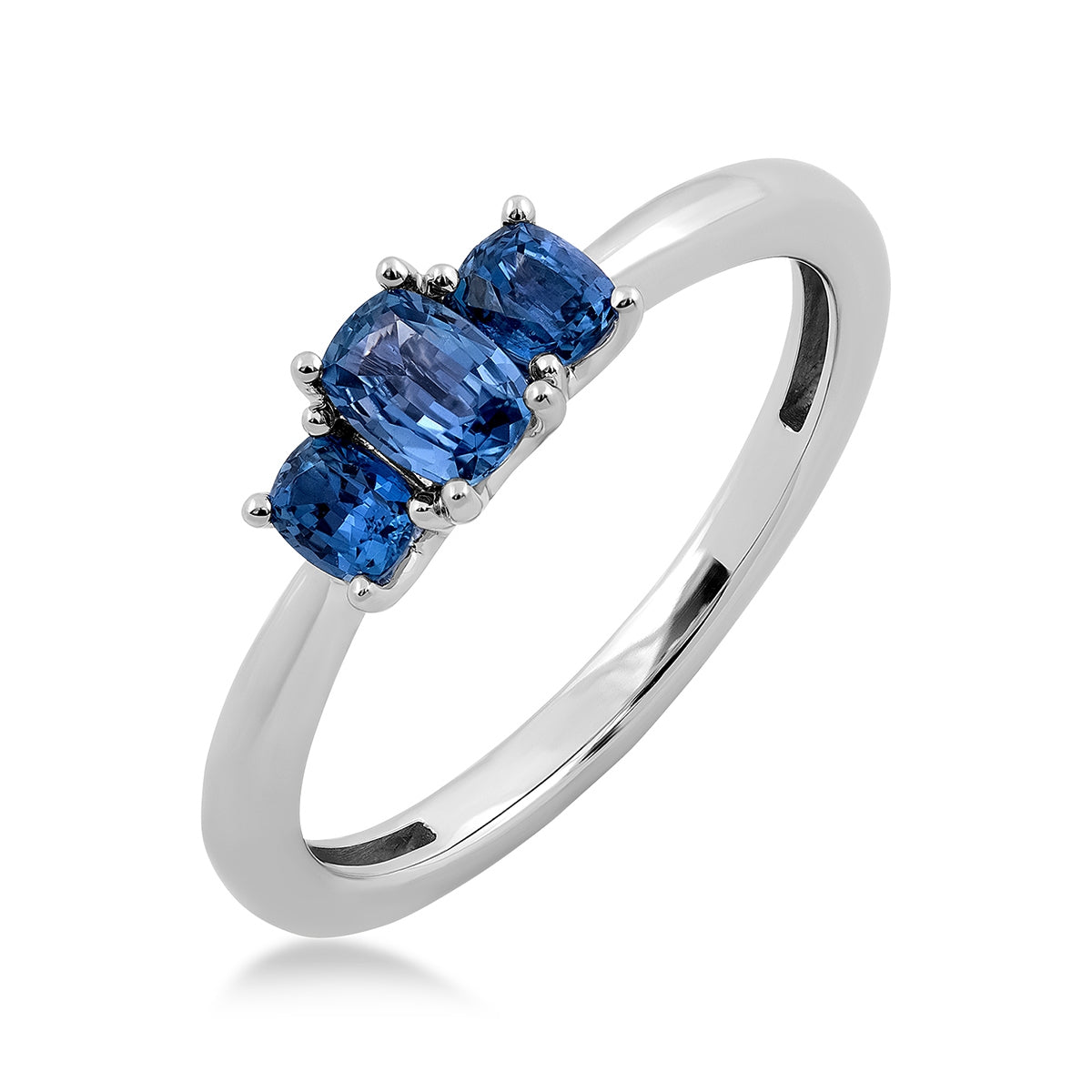 3-Stone Cushion Yogo Sapphire Ring in 10K White Gold front view