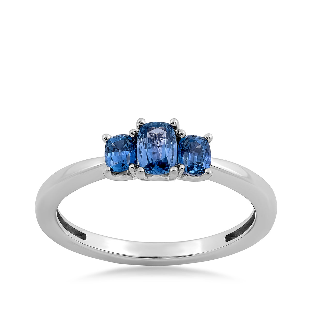 3-Stone Cushion Yogo Sapphire Ring in 10K White Gold