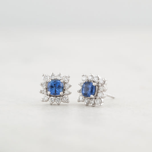 Cushion Yogo Sapphire & 1/5 ct. tw. Diamond Halo Earrings in 10K White Gold front view