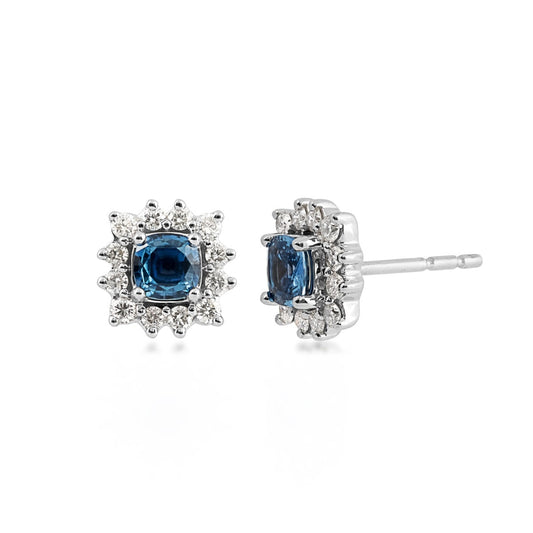 Cushion Yogo Sapphire & 1/5 ct. tw. Diamond Halo Earrings in 10K White Gold