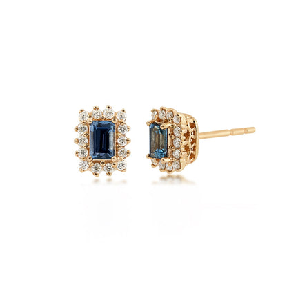 Baguette Yogo Sapphire & 1/7 ct. tw. Diamond Halo Earrings in 10K Yellow Gold
