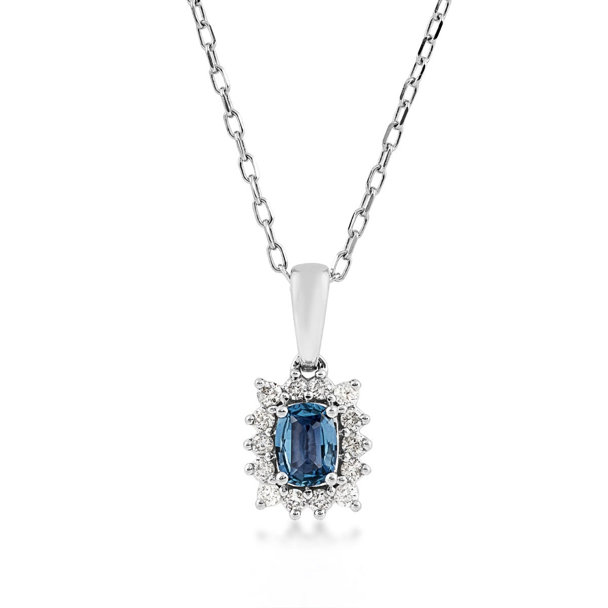 Cushion Yogo Sapphire & 1/8 ct. tw. Diamond Halo Pendant in 10K White Gold