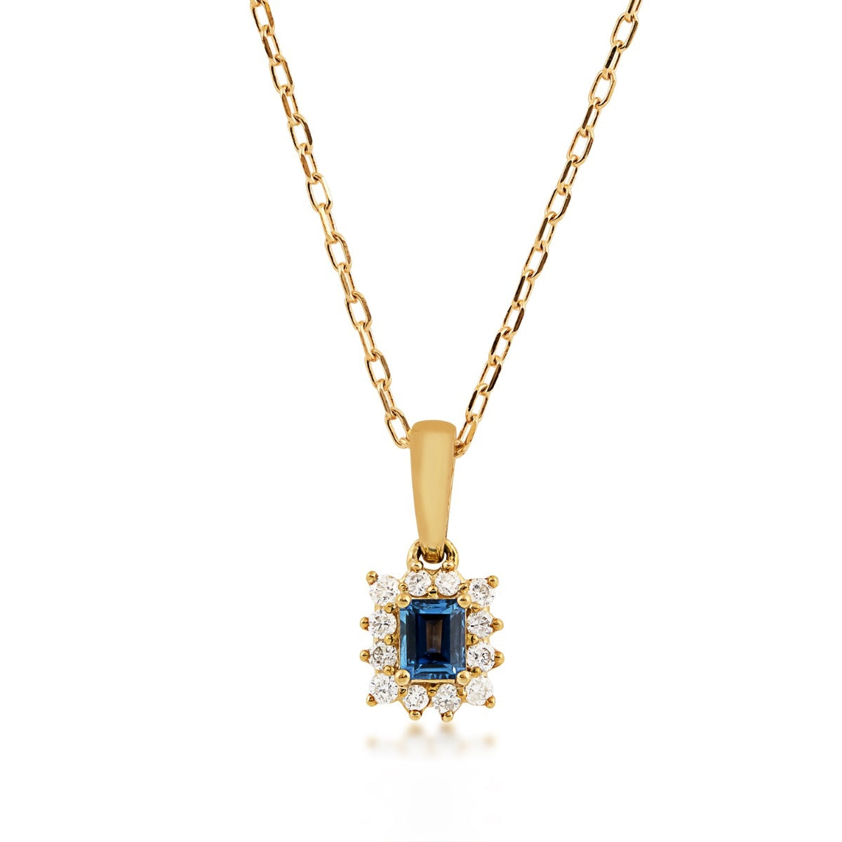 Baguette Yogo Sapphire & 1/10 ct. tw. Diamond Halo Pendant in 10K Yellow Gold