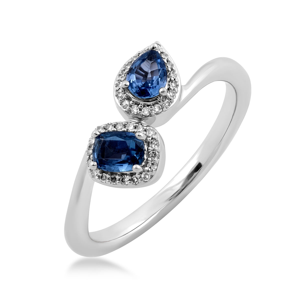 Pear & Cushion Yogo Sapphire & Diamond Halo Toi et Moi Ring in 10K White Gold front view