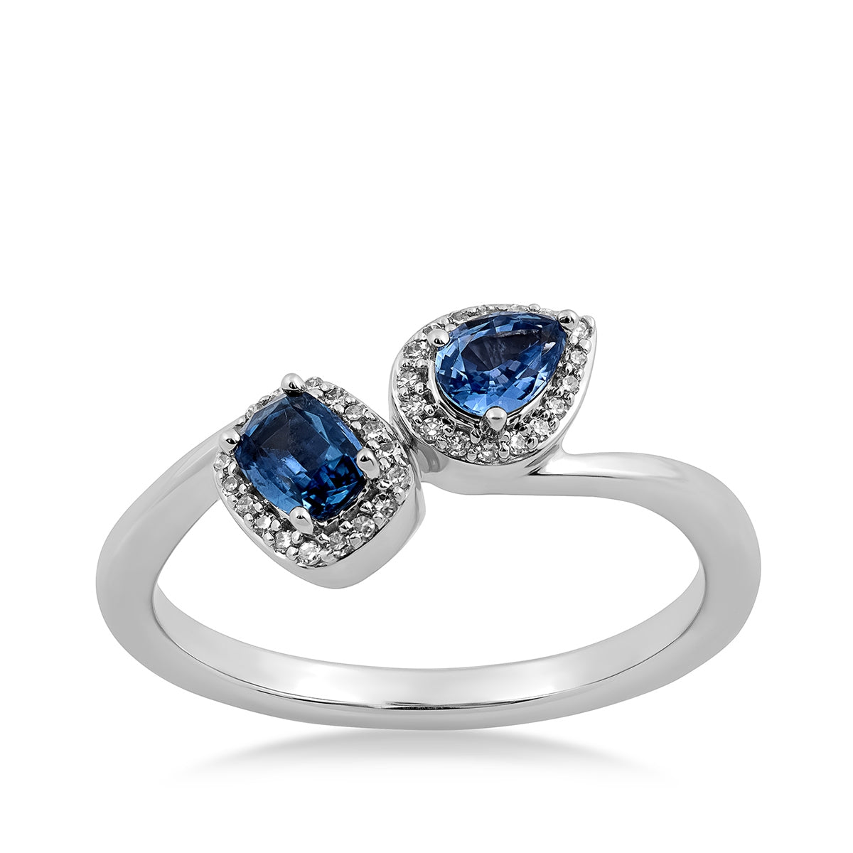 Pear & Cushion Yogo Sapphire & Diamond Halo Toi et Moi Ring in 10K White Gold