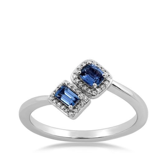 Baguette & Cushion Yogo Sapphire & 1/10 ct. tw. Diamond Toi et Moi Ring in 10K White Gold