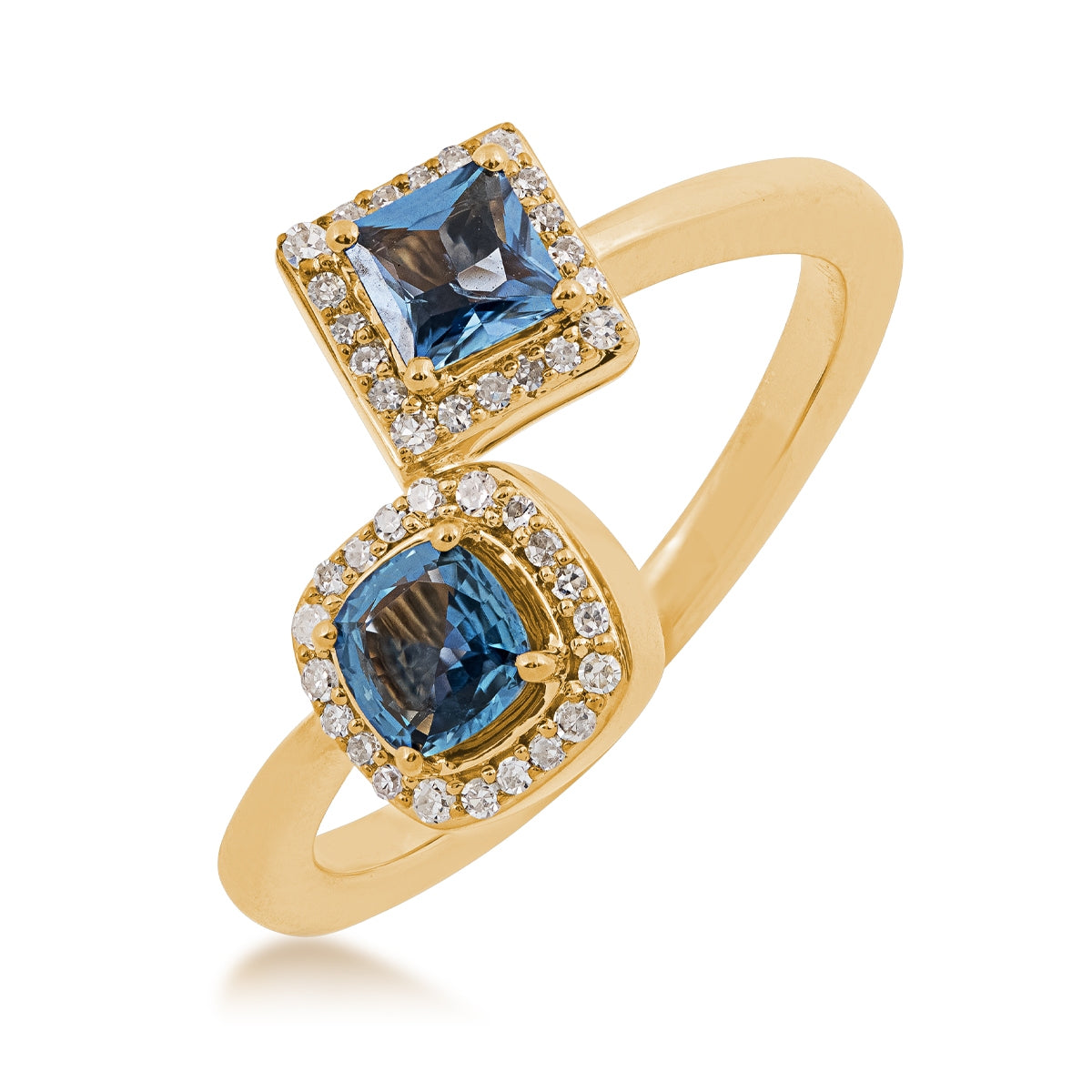 Cushion & Princess Cut Yogo Sapphire & 1/10 ct. tw. Diamond Halo Toi et Moi Ring in 10K Yellow Gold front view
