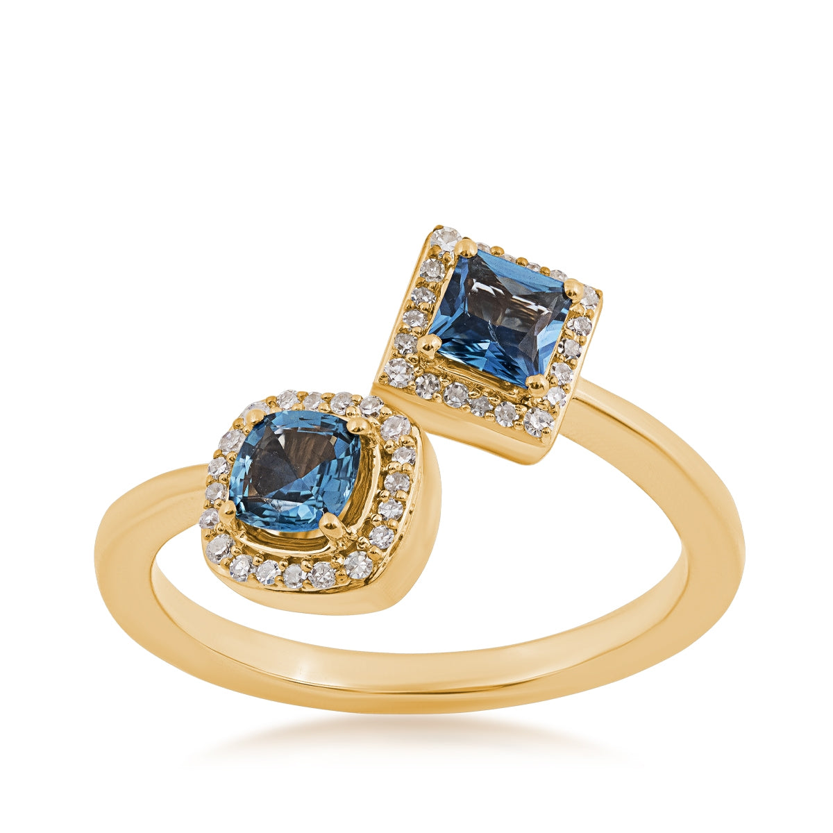 Cushion & Princess Cut Yogo Sapphire & 1/10 ct. tw. Diamond Halo Toi et Moi Ring in 10K Yellow Gold