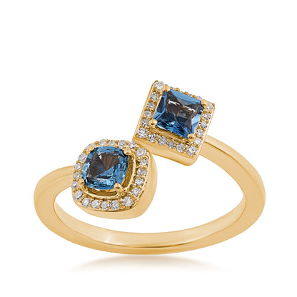 Cushion & Princess Cut Yogo Sapphire & 1/10 ct. tw. Diamond Halo Toi et Moi Ring in 10K Yellow Gold