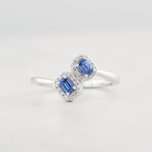 Cushion & Emerald Cut Yogo Sapphire & 1/10 ct. tw. Diamond Halo Toi et Moi Ring in 10K White Gold close-up detail