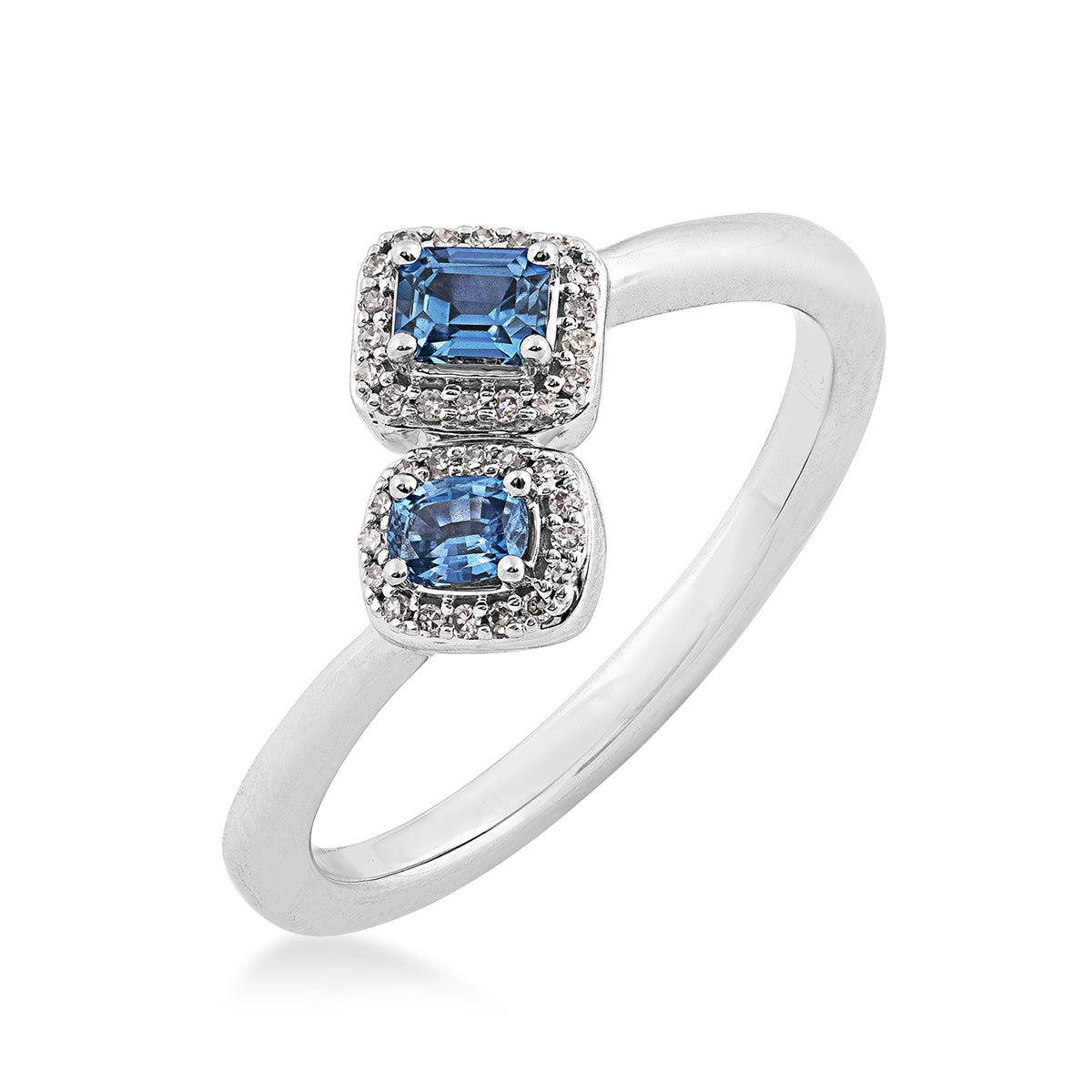 Cushion & Emerald Cut Yogo Sapphire & 1/10 ct. tw. Diamond Halo Toi et Moi Ring in 10K White Gold front view