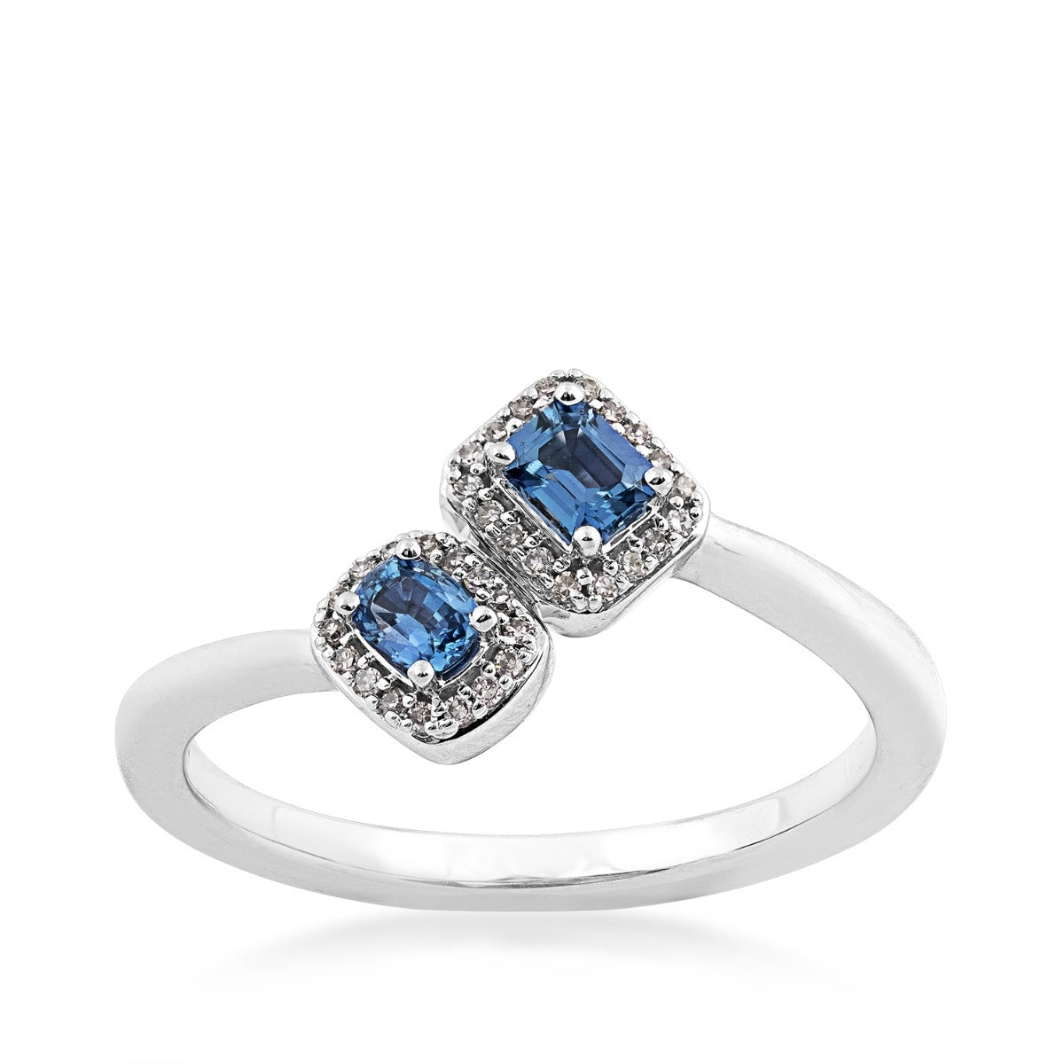 Cushion & Emerald Cut Yogo Sapphire & 1/10 ct. tw. Diamond Halo Toi et Moi Ring in 10K White Gold
