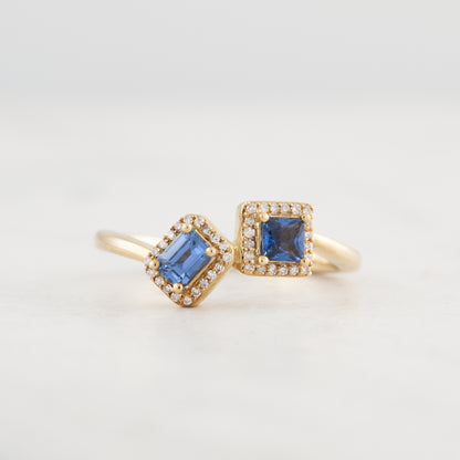 Princess & Emerald Cut Yogo Sapphire & Diamond Halo Toi et Moi Ring in 10K Yellow Gold close-up detail