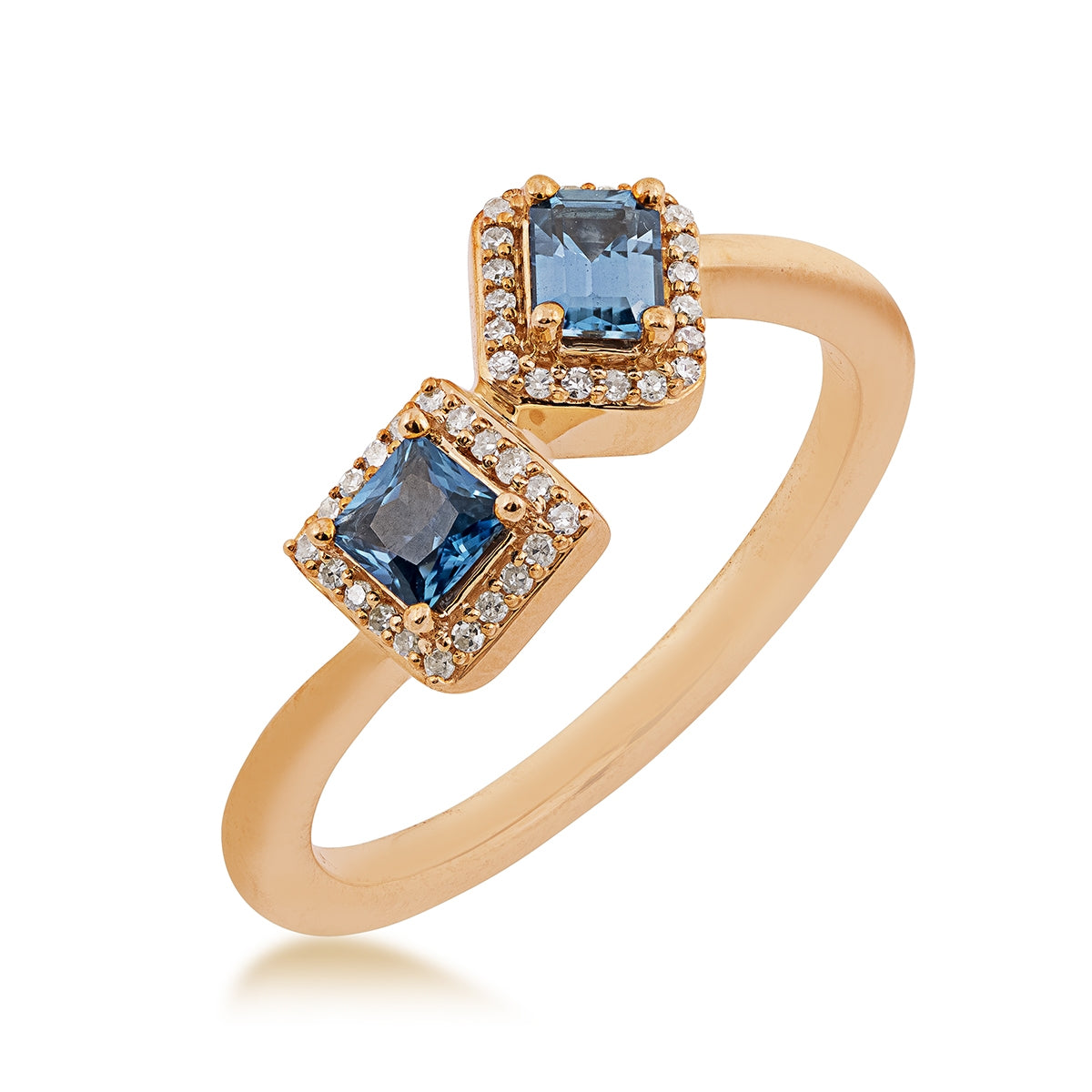Princess & Emerald Cut Yogo Sapphire & Diamond Halo Toi et Moi Ring in 10K Yellow Gold front view