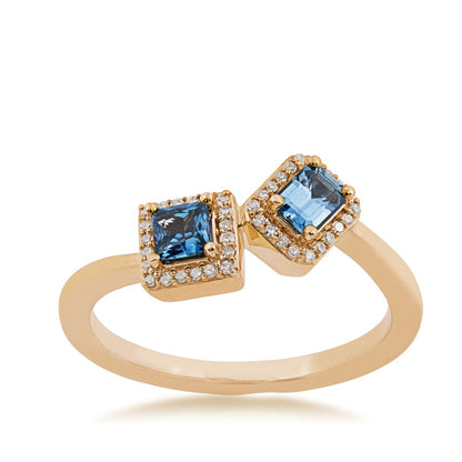 Princess & Emerald Cut Yogo Sapphire & Diamond Halo Toi et Moi Ring in 10K Yellow Gold